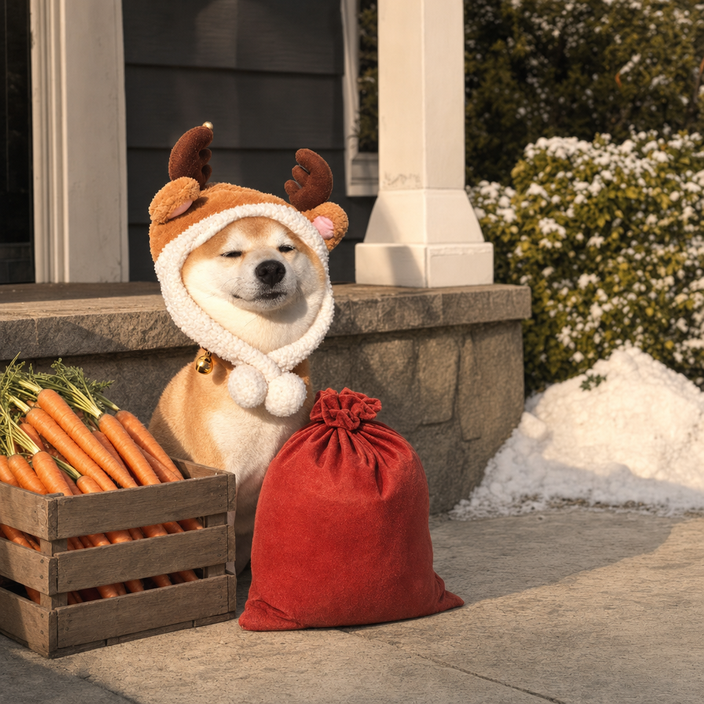 Rudy in his reindeer hood on the porch beside a crate of carrots and a red sack